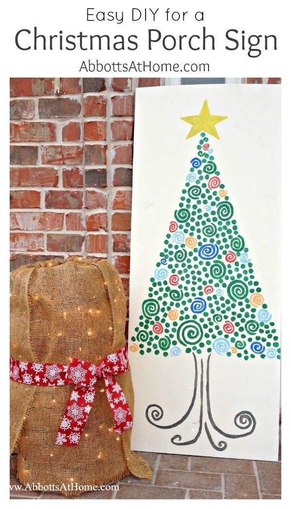 Easy DIY for a big Christmas Porch Sign.This Christmas Tree is easy enough for anyone to make. #christmas #christmassign #christmastree