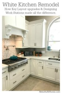 See the reveal for our white kitchen update with Starmark Kitchen Cabinets and Lusso Quartz from Silestone. With design tips for better function with work stations and our 3 regrets.