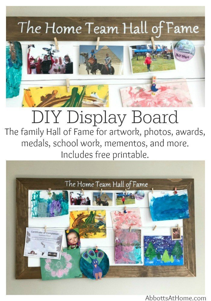 This DIY Display Board is your family 'Hall of Fame'. Keeps your kids artwork, race medals, certificates of achievement, vacation mementos, photos, and special family memories in one place. You could even add a shelf to display trophies!
