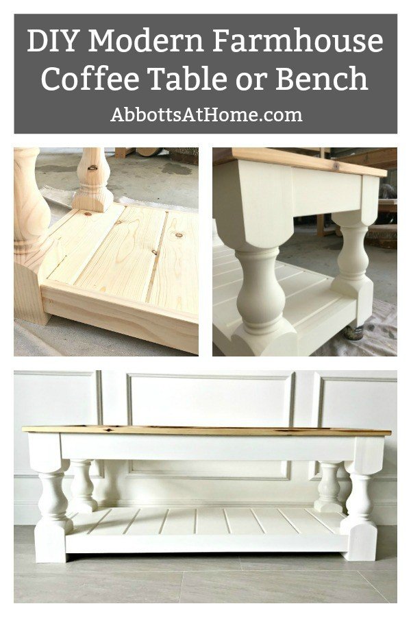 Build this DIY Modern Farmhouse Bench or Coffee Table with a Shelf. Full tutorial and easy to follow plans. #BuildPlans #FreePlans #AbbottsAtHome #ModernFarmhouse