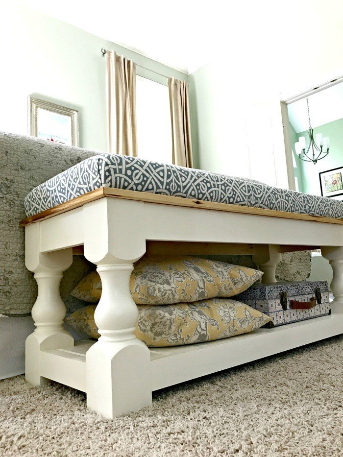 Farmhouse Style DIY Upholstered Bench Plan with Tongue & Groove shelf. Makes a great end of bed bench, dining table bench, living room coffee table or entry bench.