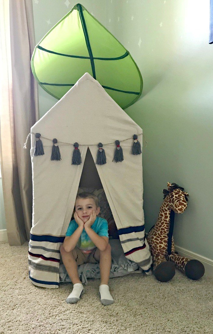 Plans to Build this easy Kids PVC Pipe Tent with drop cloth cover. PVC pipe play house tent build for kids. #PVCTent #PVC #KidsTent