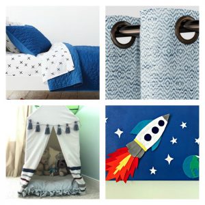 It's time to update our boy's room again. Here's a peek at our 2018 Boys Room Ideas. Blue Triangle Quilt, Blue & White Curtains, DIY Drop Cloth PVC Tent, and DIY Wall Art