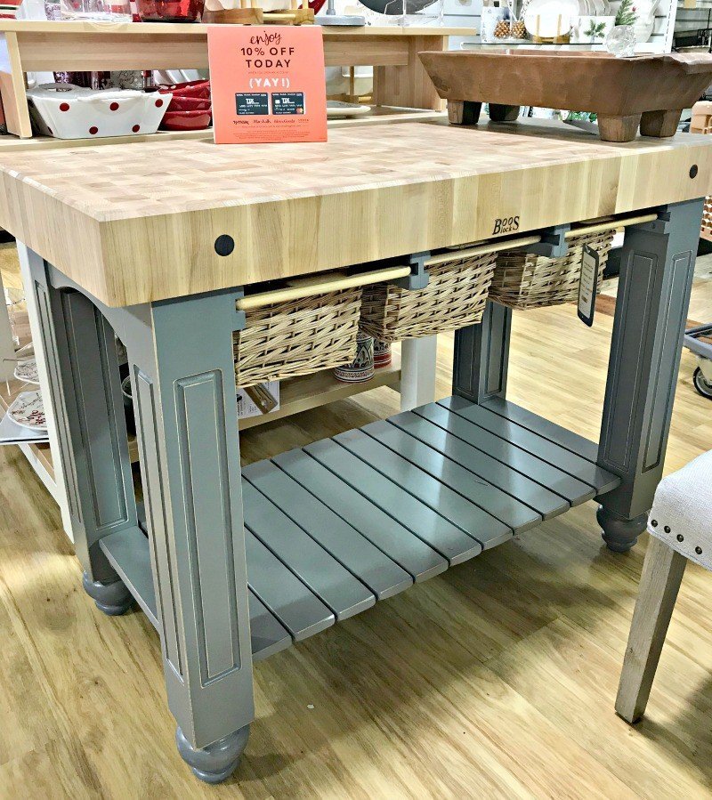 Grey & Maple Butcher Block Island with shelf. Interior and Furniture Design Inspiration Pictures from Model Homes and Local Stores.