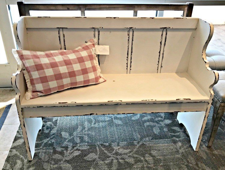 White Distressed Farmhouse Entry Bench with Carved Arms. This months furniture design ideas and inspiration are partly my own DIY builds and partly great pieces I found at Home Goods and Kirklands. I took these pictures to keep track of nice designs I might want to inspire a future build. Today I'm sharing these furniture design ideas with you!