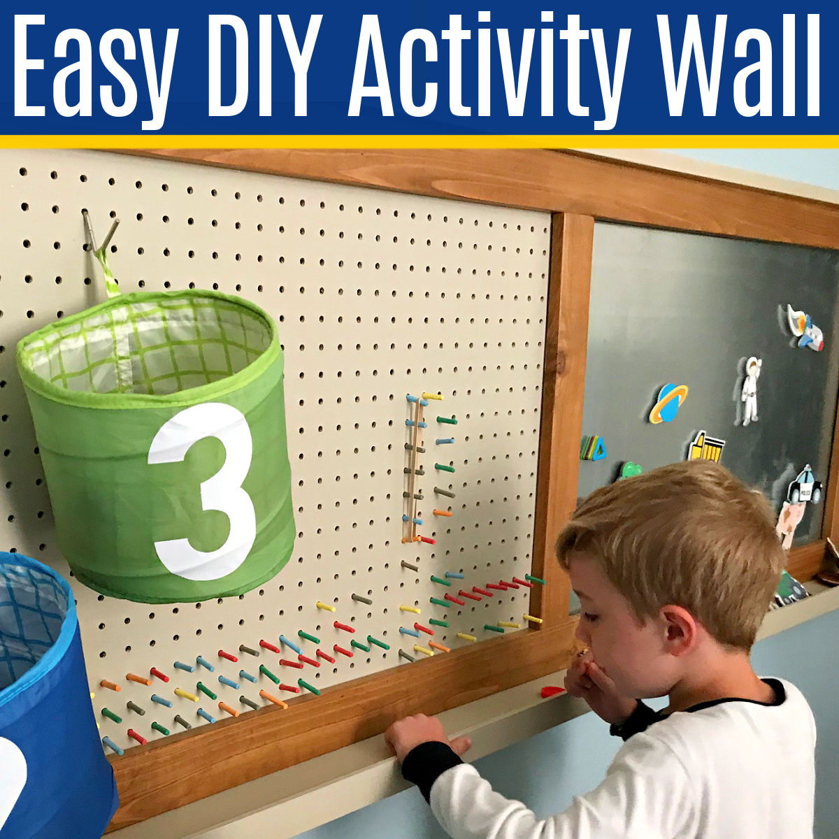 Image of a DIY Activity Wall for toddlers, kids, teens, and adults. For a post with 20 DIY activity wall ideas and steps to make a DIY activity boards for kids or a DIY busy board.