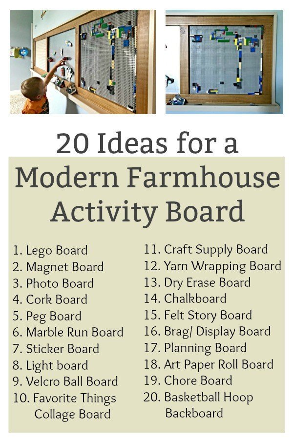 Build a fun DIY Modern Farmhouse Kids Activity Wall Board. With 20 Ideas for board options that work for kids, teens, and adults. Like magnet, lego, cork, chalkboard, calendars, and photo display boards. #ModernFarmhouse #KidsFurniture #DIYKids #AbbottsAtHome
