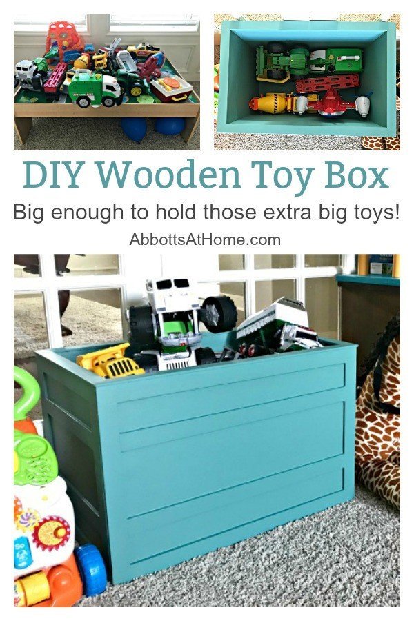 Build a Modern Farmhouse DIY Wooden Toy Storage Crate or Box for all of those kids toys cluttering up your house. Makes a beautiful throw pillow and blanket box in a Living Room or catch all storage box for teens too! #AbbottsAtHome #StorageBox #ToyBox #DIYStorage