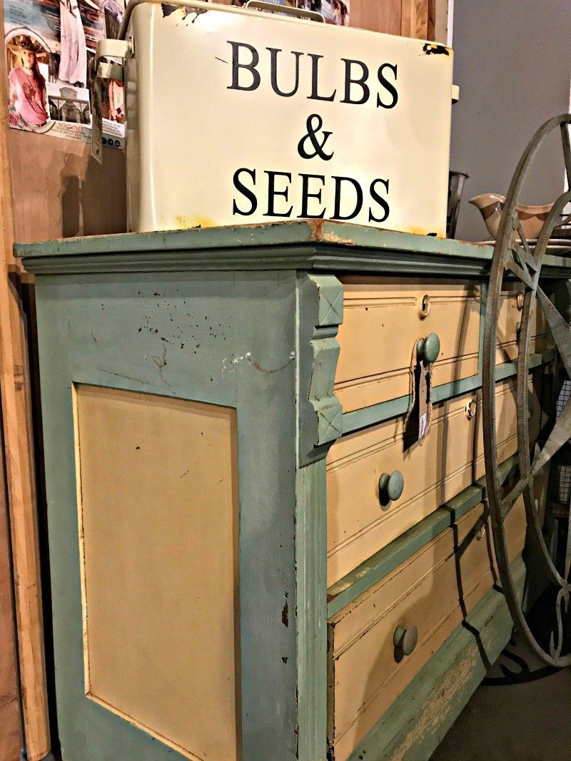 A blue and yellow antique, distressed dresser at the Junk Gypsy HQ. A few more Round Top Shopping Trip Tips and some photos from the Junk Gypsy Headquarters. A shopping trip to Round Top and Waco would make a perfect weekend, guys! #AbbottsAtHome #RoundTopTexas #JunkGypsy #GirlsWeekend