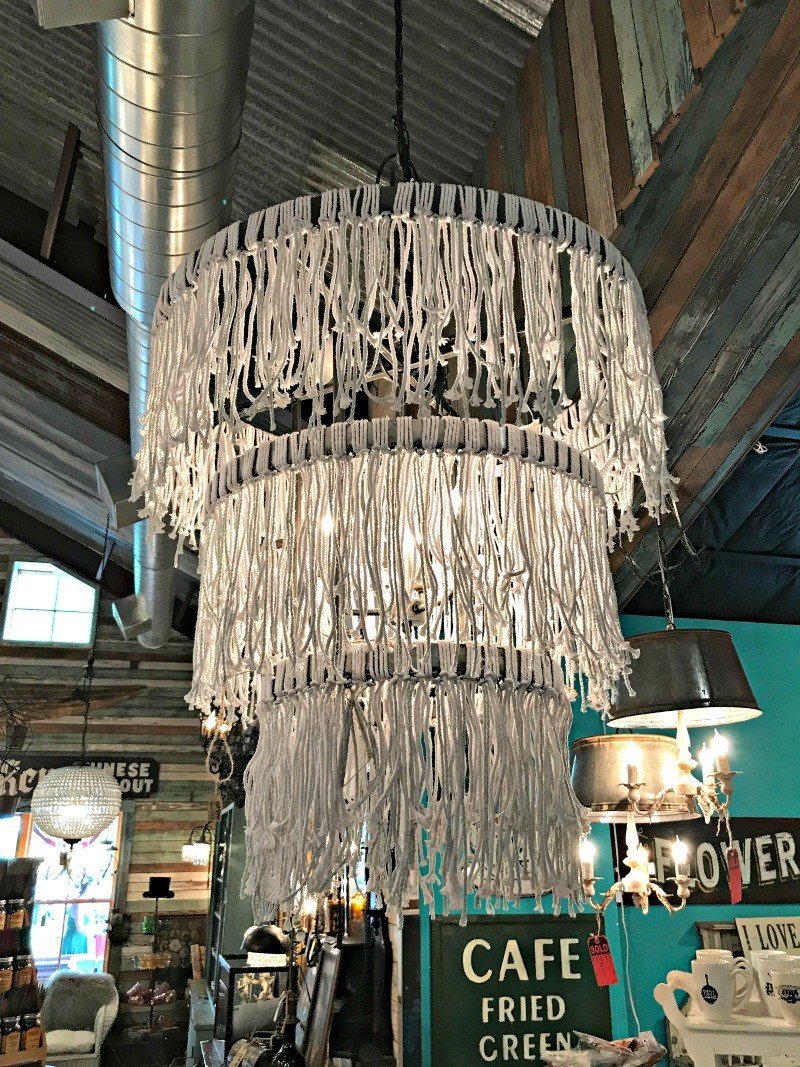 A rope macrame tiered light fixture with metal rings. A few more Round Top Shopping Trip Tips and some photos from the Junk Gypsy Headquarters. A shopping trip to Round Top and Waco would make a perfect weekend, guys! #AbbottsAtHome #RoundTopTexas #JunkGypsy #GirlsWeekend