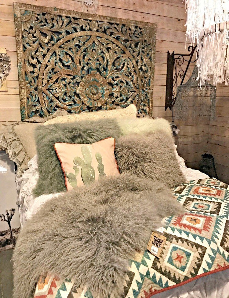 A romantic bed with faux fur and bohemian colors. A few more Round Top Shopping Trip Tips and some photos from the Junk Gypsy Headquarters. A shopping trip to Round Top and Waco would make a perfect weekend, guys! #AbbottsAtHome #RoundTopTexas #JunkGypsy #GirlsWeekend