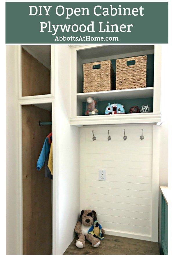 Easy DIY Open Cabinet Makeover with Plywood Panels. Hide ugly, boring, and damaged cabinets to get that trendy open cabinet look. #OpenShelves #OpenCabinets #DIYOpenCabinets #AbbottsAtHome