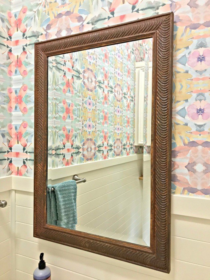 You'll love these Small Colorful Modern Farmhouse Powder Room Ideas! Most of these updates were DIY projects you can do at home. This was my first time hanging wallpaper and I was able to get it done in 1 day! #Wallpaper #AbbottsAtHome #PowderRoom #BathroomIdeas #ModernFarmhouse