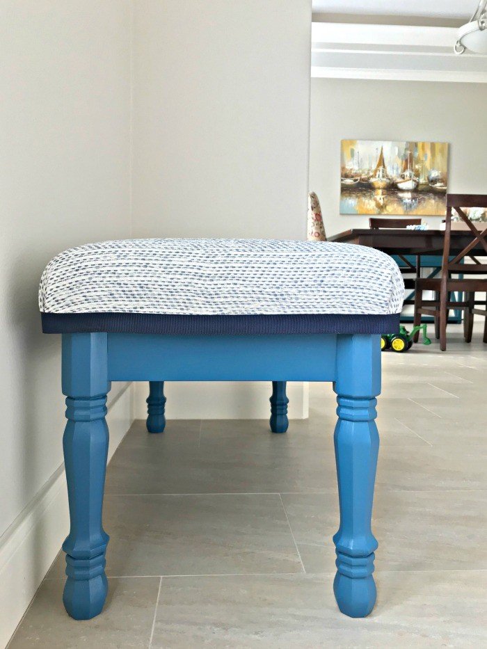 Build an easy Modern Farmhouse DIY Entryway Bench today. Can be painted or stained and upholstered or hard top. This is an easy build for beginners. The legs are from Lowe's. #DIYBench #Entryway #EntrywayBench #UpholsteredBench #BedBench #AbbottsAtHome