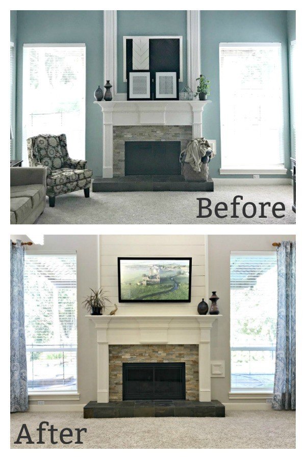 This home blends traditional style and the modern farmhouse look in a light, bright, and cozy way. I love what she is doing with this Farmhouse meets Traditional Living Room Makeover! #AbbottsAtHome #LivingRoomMakeover #FireplaceIdeas #LivingRoomIdeas #ShiplapIdeas #TVOverFireplace
