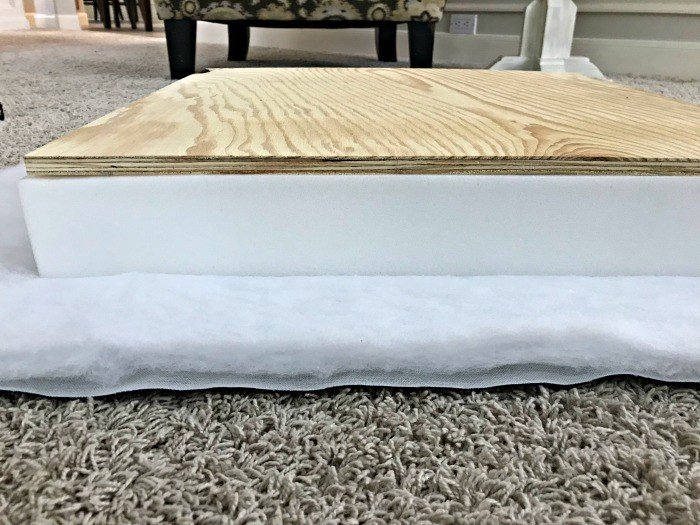 Build this in less than a day! Square DIY Upholstered Ottoman Plans from Scratch, with full tutorial and pictures to help you build a beautiful wood and fabric ottoman in less than a day. Easy build for woodworking beginners. #AbbottsAtHome #DIYFurniture #Ottoman #Velvet #Footstool