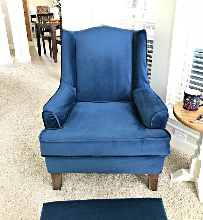 A few tips, DIY upholstery pictures, and my favorite tutorials to upholster a wingback chair. I'm so glad I gave this wingchair a makeover and it doesn't require any fancy sewing skills, guys. Plus, I am loving that Blue Velvet fabric!! #AbbottsAtHome #Upholstery #DIYProjects #Reupholster #Wingback #Velvet
