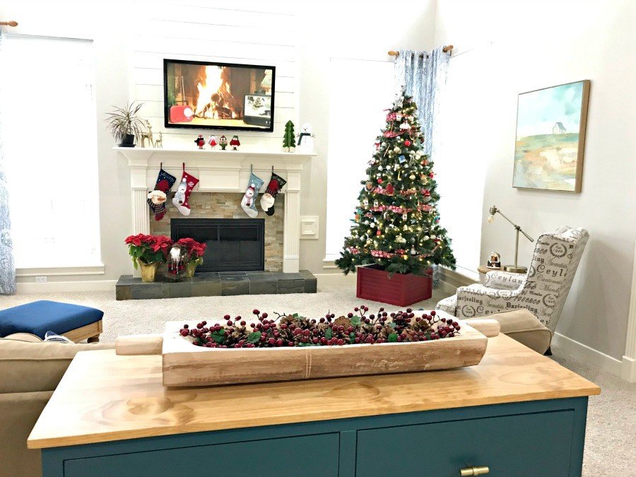 Tour our cozy Modern Farmhouse, Traditional Living Room with this look at our fun & colorful Living Room Christmas Decorations, this year. Full of pops of Red, Blue, and Green! #AbbottsAtHome #ChristmasIdeas #ChristmasDecorations #ChristmasDecor #ChristmasLivingRoom