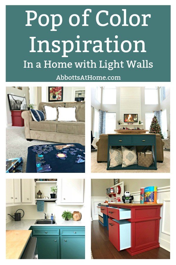 I love the look of light walls with colorful furniture! Here's some fun Pop of Color Decor and Interior Design Inspo for homes with Light or White Walls. #InteriorDesign #AbbottsAtHome #ColorfulHome 