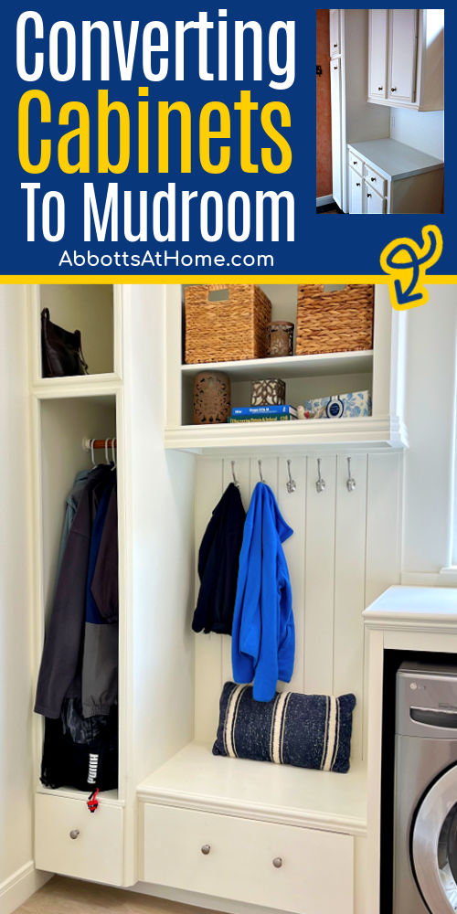 Image of a Laundry Room Mudroom combo with cabinets turned into a bench. Convert cabinets into bench furniture.
