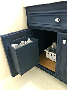 How to make built in cabinet garbage cans in a bathroom or kitchen. See the easy DIY Steps and build pictures. #AbbottsAtHome #BathroomReno #BathroomRemodel #GarbageCan #GarbageIdeas #OrganizationIdeas