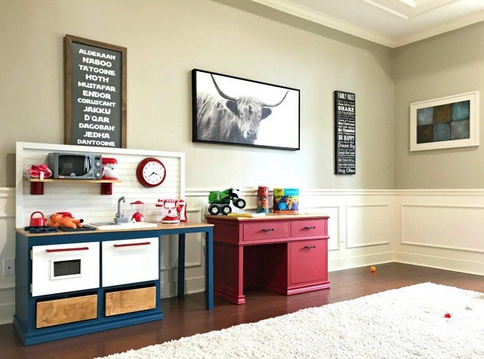 Here's how to build a super cute, Pottery Barn Style DIY Kids Desk with Storage. With free printable plans! This Little Kids Wood Desk has 3 big drawers for lots of storage and a classic look that'll make a pretty family heirloom piece. #DIYFurniture #BuildPlans #Woodworking #KidsDesk #AbbottsAtHome