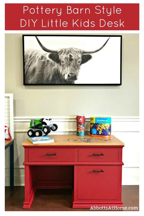 Here's how to build a super cute, Pottery Barn Style DIY Kids Desk with Storage. With free printable plans! This Little Kids Wood Desk has 3 big drawers for lots of storage and a classic look that'll make a pretty family heirloom piece. #DIYFurniture #BuildPlans #Woodworking #KidsDesk #AbbottsAtHome #PotteryBarn