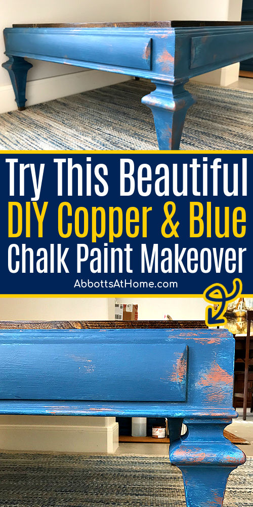 Image of a teal, blue & copper chalk paint coffee table makeover. With easy to follow steps and how-to video to help you recreate this look! Copper chalk paint furniture. Blue painted coffee table.