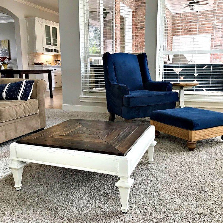 A look at the coffee table I updated with a new wood top and painted white, in our Living Room. #AbbottsAtHome #CoffeeTable #TableTop