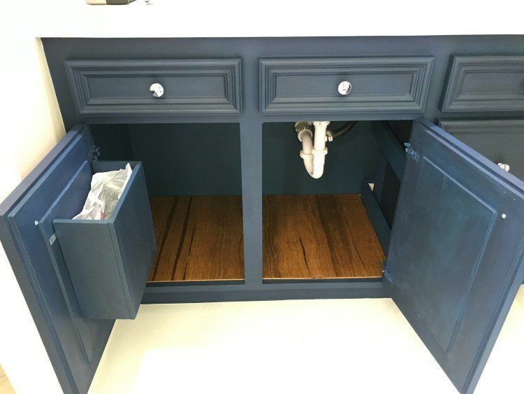 DIY Stained Luan Plywood Cabinet Liners in a bathroom vanity. #AbbottsAtHome #Plywood #Remodeling #DIYIdeas