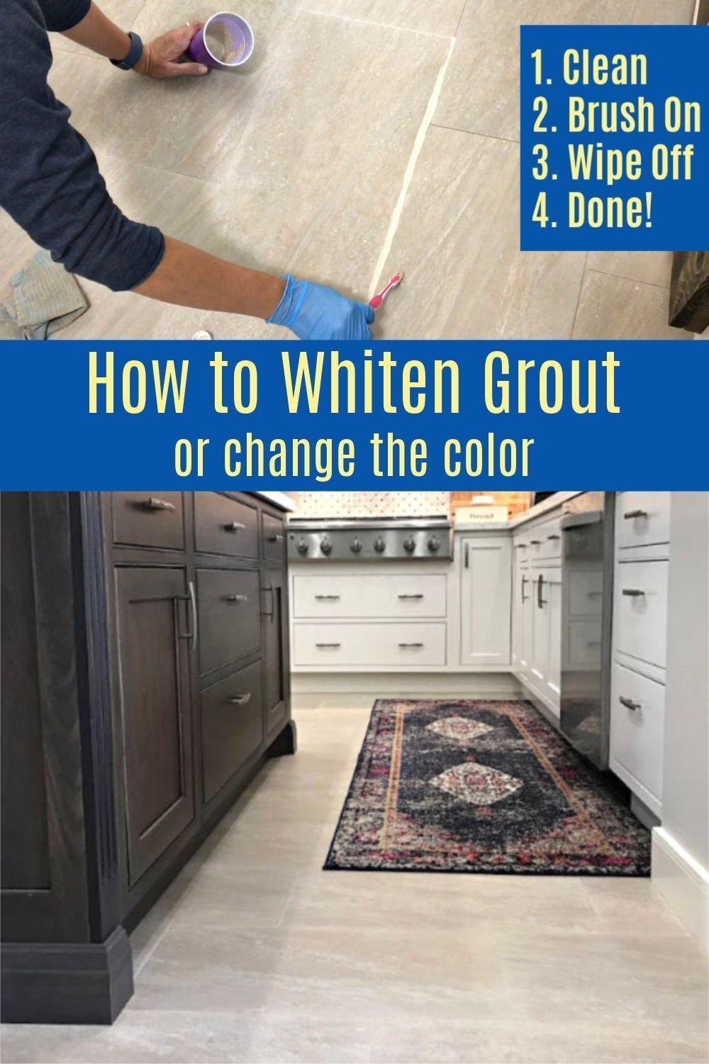 Here's How to Whiten Tile Grout and seal grout in one easy DIY project. Actually, pick from 30 different grout colors for this, not just white. Here are the steps, how-to video, and before and after pictures from my Kitchen Floor Grout Makeover. #AbbottsAtHome #Grout #Kitchen #Bathroom #HomeImprovement