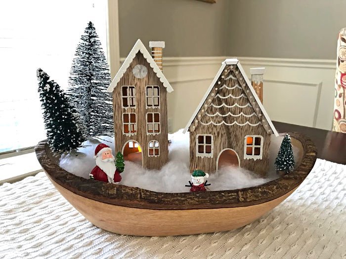 Looking for Easy Christmas Craft Inspo? Here's how I use Christmas ornaments, glass containers, and wooden bowls to design little Modern Farmhouse Christmas Villages my family loves. With how-to video and lots of photo inspiration. #AbbottsAtHome #Christmas #RedTruck #ChristmasDecor #ChristmasDecorations #ChristmasCraft