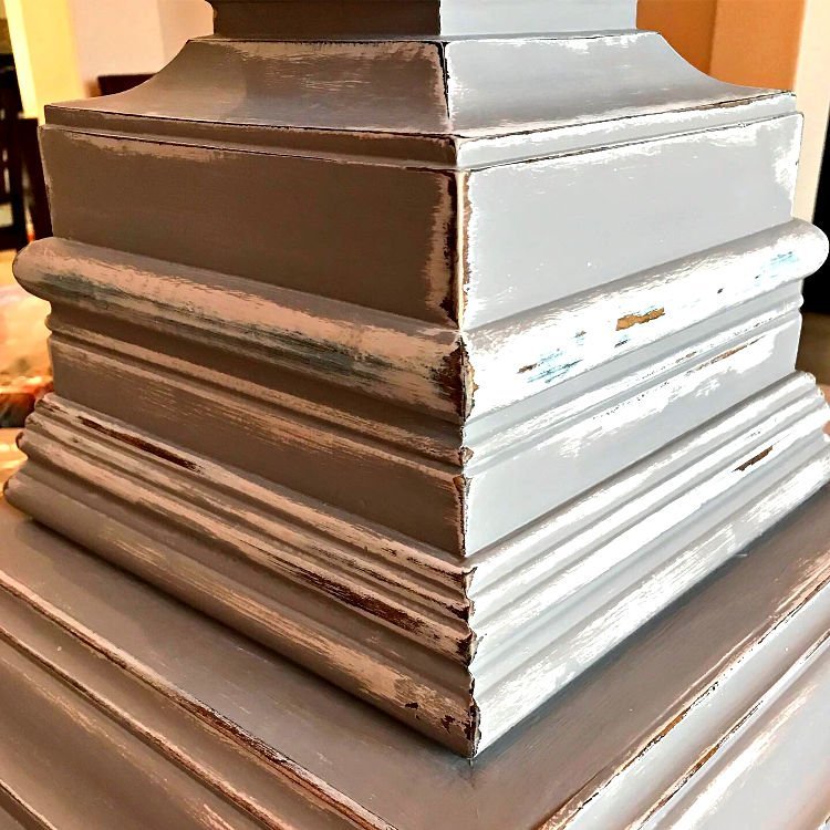 Here's how I get the perfect layered paint and distressed paint finish with chalk paint on furniture. Easy how to distress paint steps and video to help you do it too! DIY White and Grey Distressed Furniture Paint Look #PaintTips #Painting #Crafts #DIYCrafts #ChalkPaint