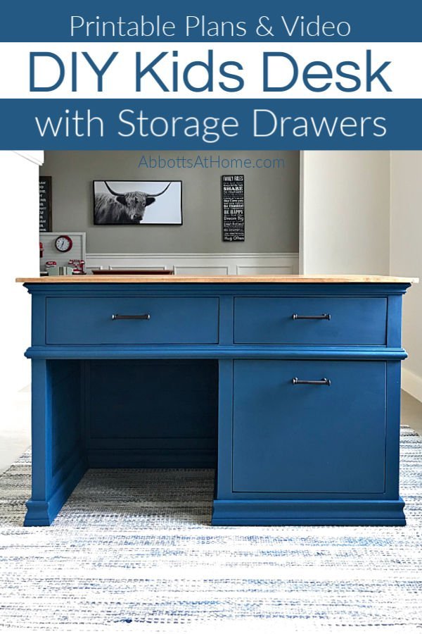 DIY Kids Desk Plans with Storage Drawers. You can find Printable Plans, the full tutorial, and a build video for this beautiful kids desk on her site.  Pottery Barn Inspired Kids Desk Plans.