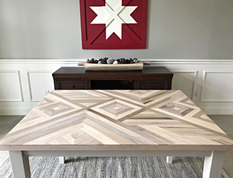 How To Steps and Videos for this beautiful DIY Geometric Wood Table Top. I used Poplar, but this would look great with reclaimed wood, Cedar, Oak, and more. DIY Mosaic Wood Art project.