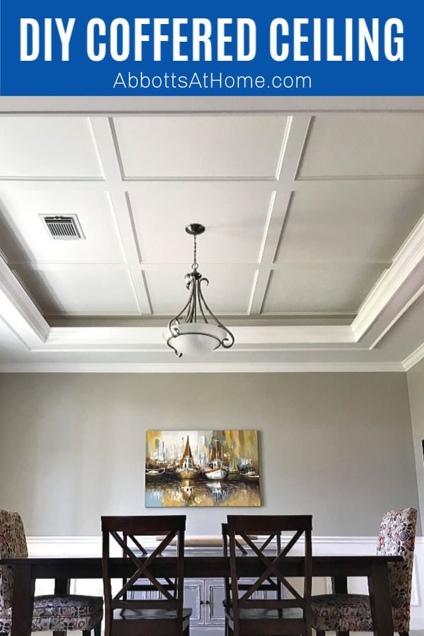 Try this Simple DIY Coffered Ceiling Design I used to give my Dining Room ceiling a beautiful new look. Includes lots of pictures and a how to video. DIY Ceiling Design Ideas. DIY Ceiling Makeover Ideas.