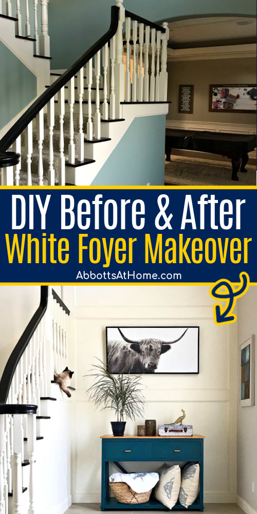 Before and after photos for a Two Story Foyer converted from open concept to a white two story foyer with trim.