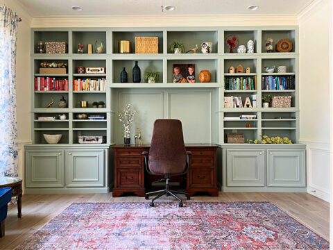 Beautiful DIY Before & After Home Office Makeover with Green Built-Ins ...