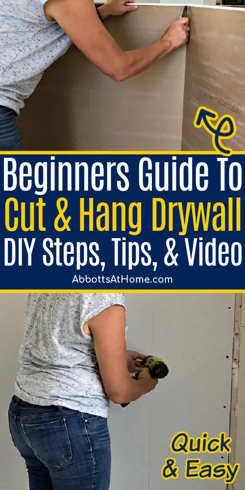 Image of someone cutting and hanging drywall for a guide with 15 beginner tips for how to cut drywall and hang drywall, by yourself. Installing drywall is EASY with these rules & the right tools!