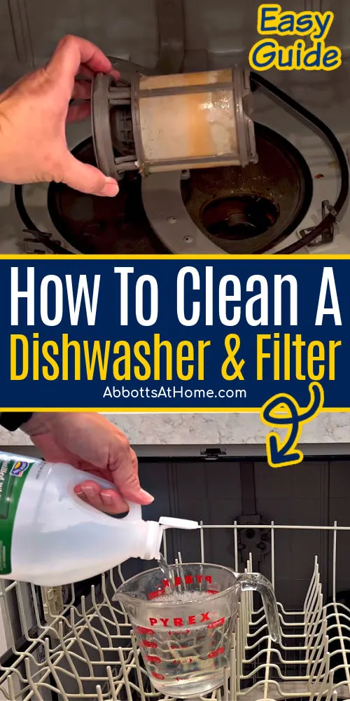 Image of someone cleaning a dishwasher filter for a post about How To Clean A Dishwasher & Dishwasher Filters Using Vinegar. With A Video Guide, Answers To Common Questions & Cleaning Tips!