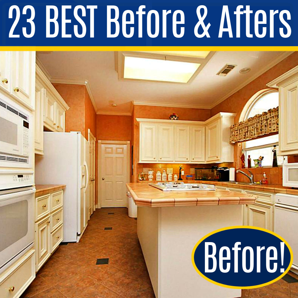 Before photo of a kitchen for a post with 23 best before and after room makeover photos and design ideas from our 1990's home.