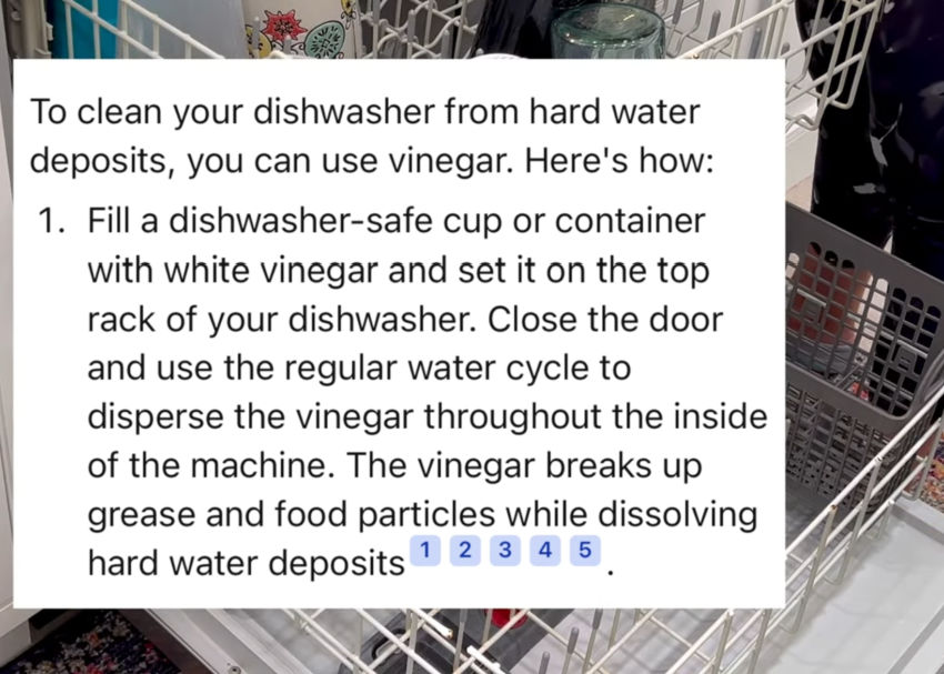 Image showing how using vinegar in a dishwasher can clean hard water mineral build up.